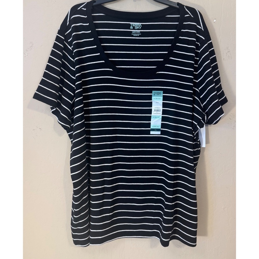 Terra & Sky Shirt Women 4X Black White Striped Scoop Neck Ribbed Tee NEW